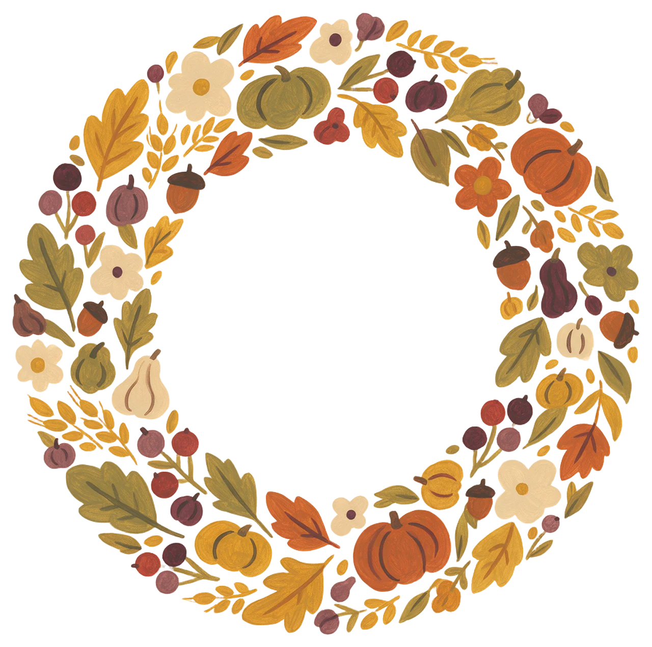 Hand-painted gouache folk art wreath of autumn leaves, pumpkins, acorns and flowers