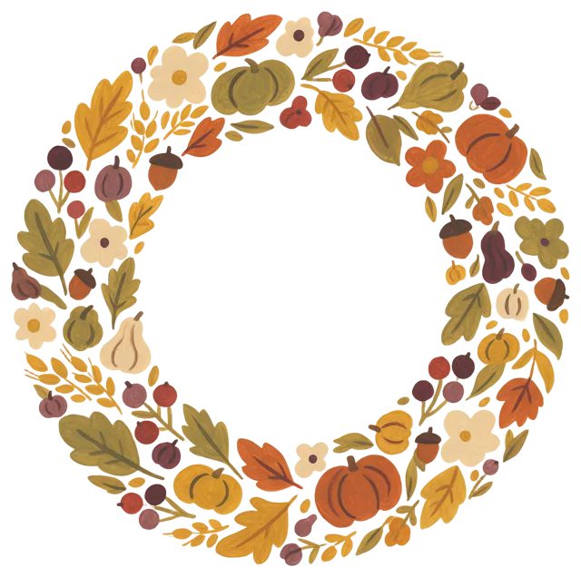 Hand-painted gouache folk art wreath of autumn leaves, pumpkins, acorns and flowers
