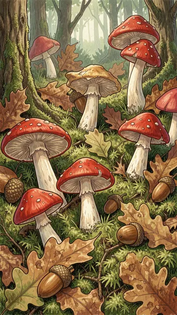 Storybook illustration of red fly agaric mushrooms, acorns and oak leaves on a mossy forest floor