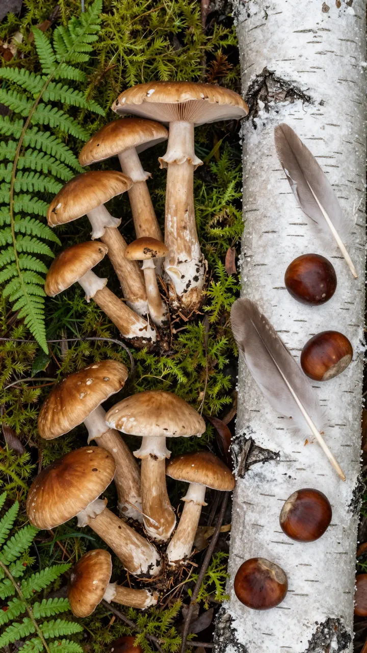 Flat lay arrangement of wild mushrooms, fern fronds, moss, chestnuts, feathers, and birch bark from an autumn forest floor