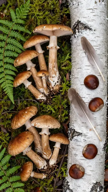 Flat lay arrangement of wild mushrooms, fern fronds, moss, chestnuts, feathers, and birch bark from an autumn forest floor