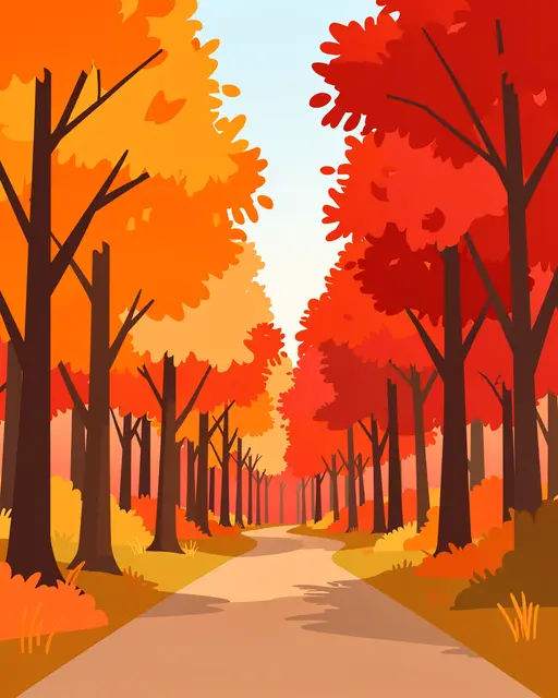 Flat vector illustration of a winding dirt path through vibrant orange and red autumn trees under a pale sky