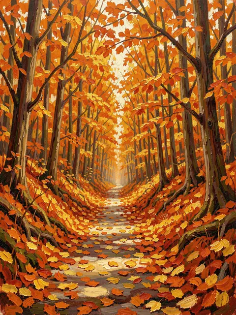 Textured oil painting of a sunlit forest path carpeted with orange and gold autumn leaves
