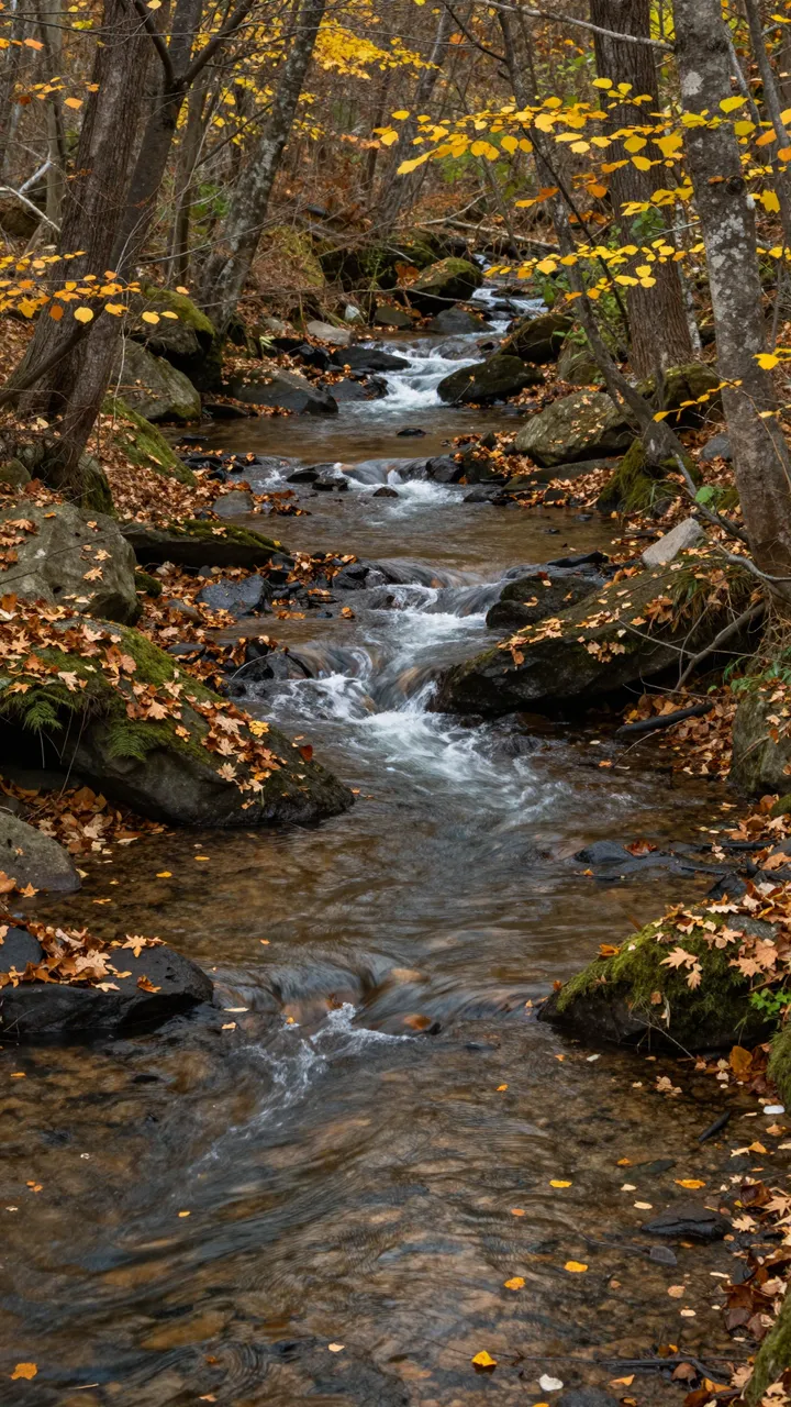 A rushing rocky forest stream winds through trees scattered with golden autumn leaves