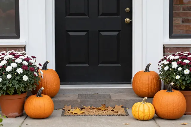 Fall porch decor with pumpkins, potted chrysanthemums, and fallen leaves arranged by a black front door.