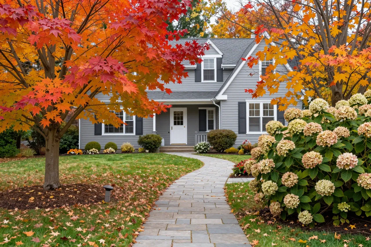 Gray house with winding stone walkway framed by fiery maple trees and blooming hydrangeas in autumn