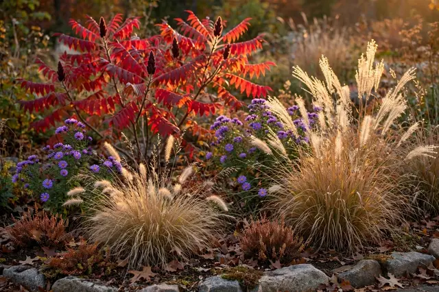 Low evening sun illuminates a fall garden border with crimson sumac, purple asters and golden ornamental grasses