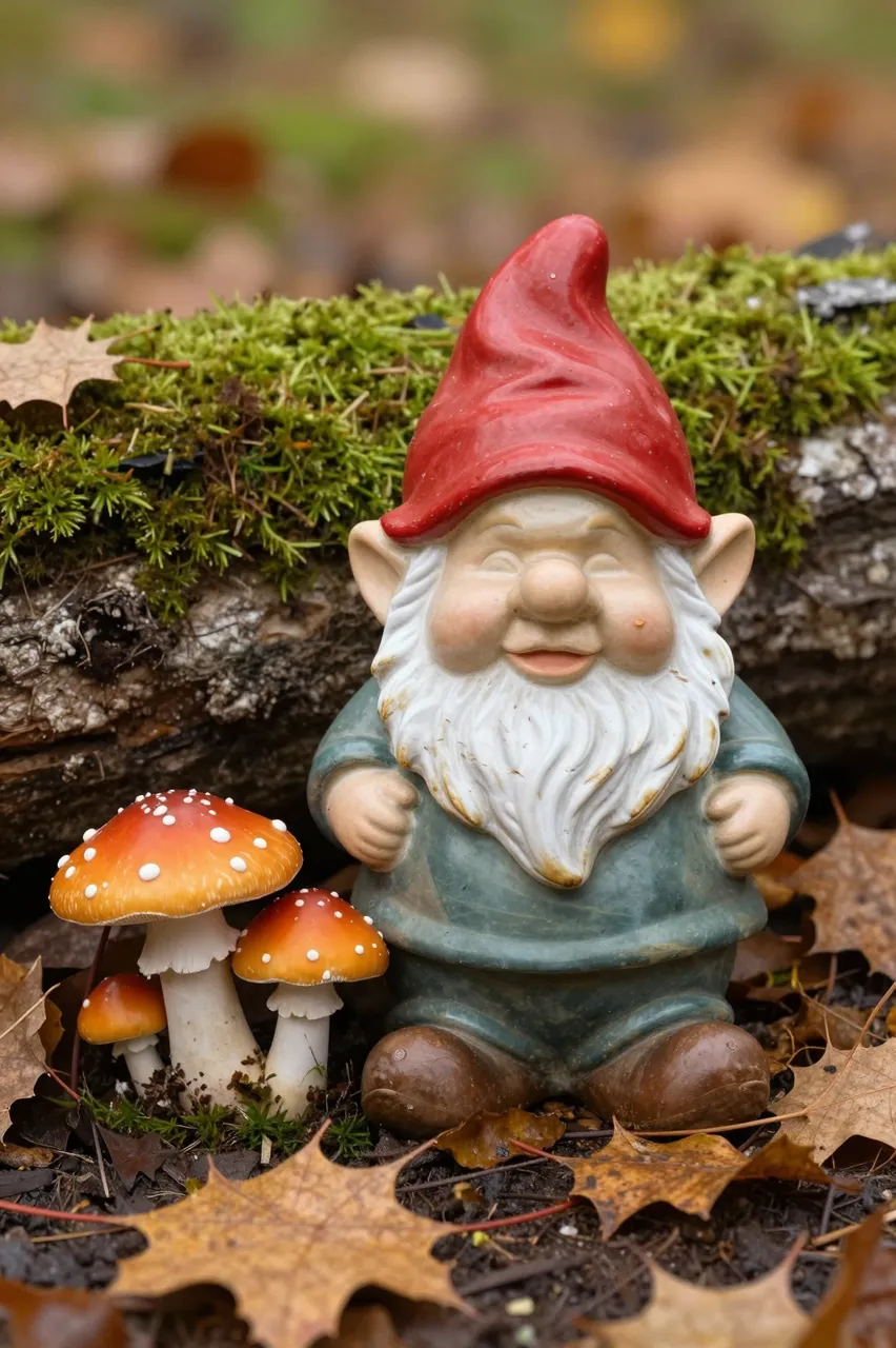 A ceramic garden gnome with a red hat sits beside spotted fly agaric mushrooms in front of a mossy fallen log and autumn