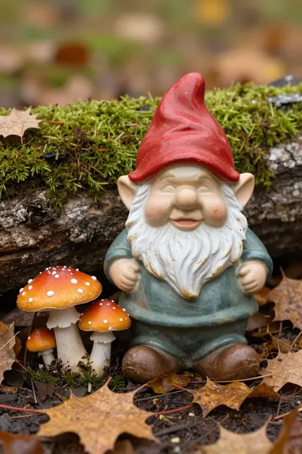 A ceramic garden gnome with a red hat sits beside spotted fly agaric mushrooms in front of a mossy fallen log and autumn