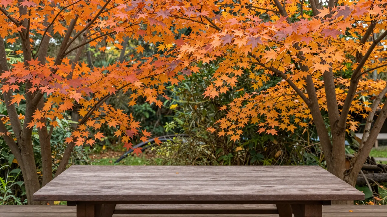 Empty weathered wooden table sits beneath vibrant orange maple trees on an autumn garden terrace