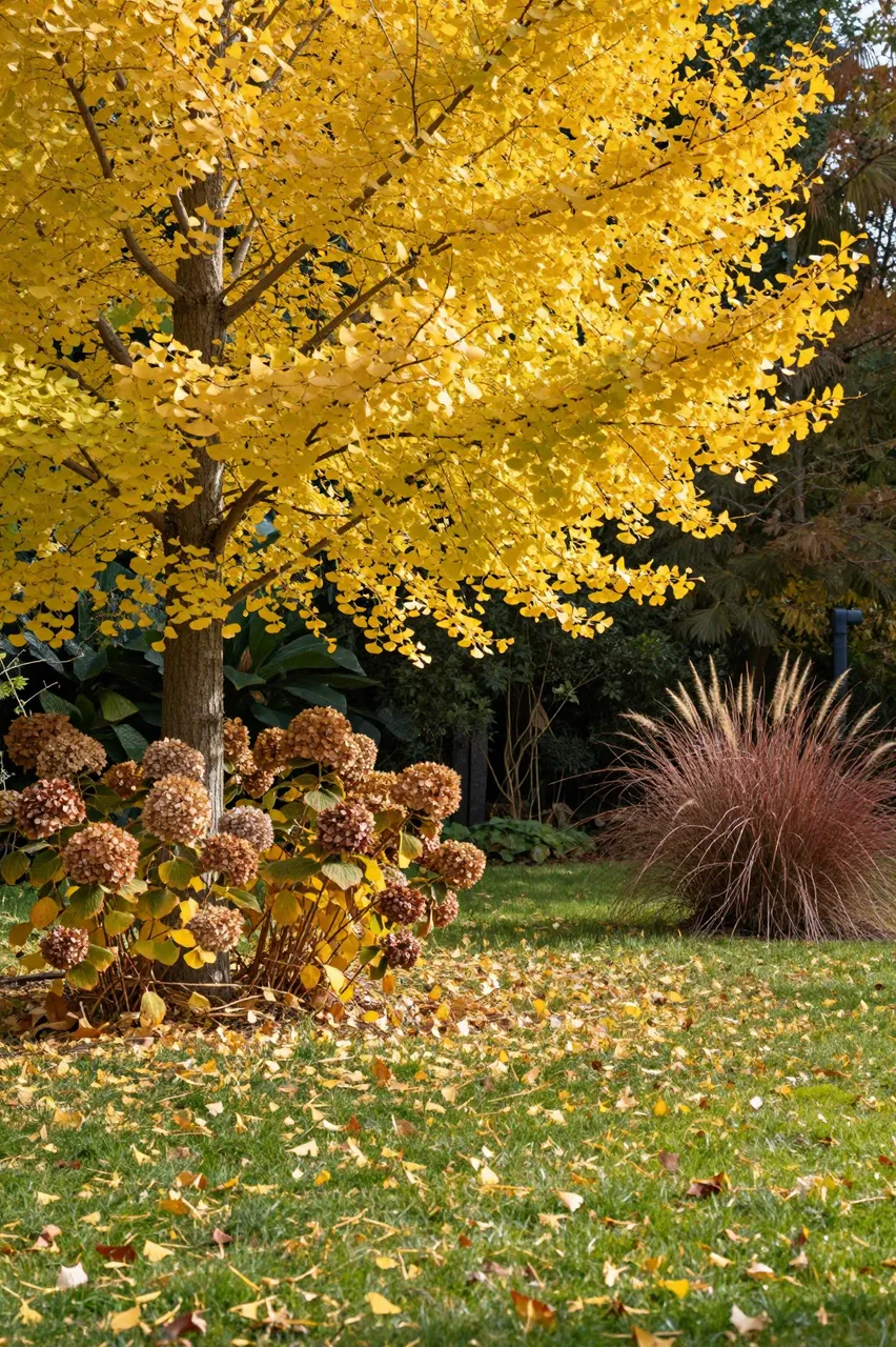 Golden ginkgo tree stands over dried hydrangea and ornamental grass on a sunlit fall lawn