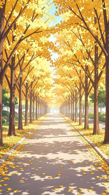 Anime-style vertical illustration of a paved park avenue lined with golden ginkgo trees and scattered fallen leaves under