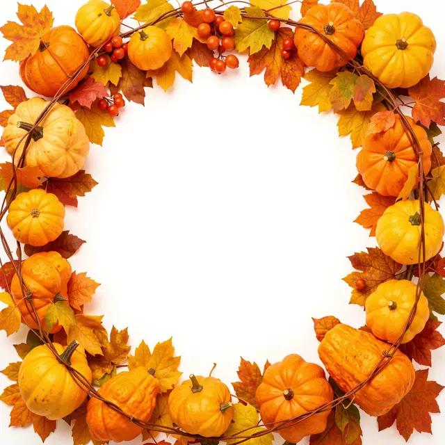 Circular autumn border of mini pumpkins, maple leaves, bittersweet berries and vines around empty white center space