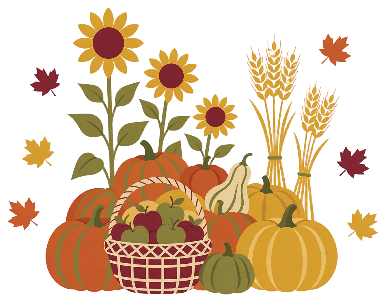 Flat mid-century style illustration of pumpkins, apples, sunflowers, wheat and maple leaves grouped together