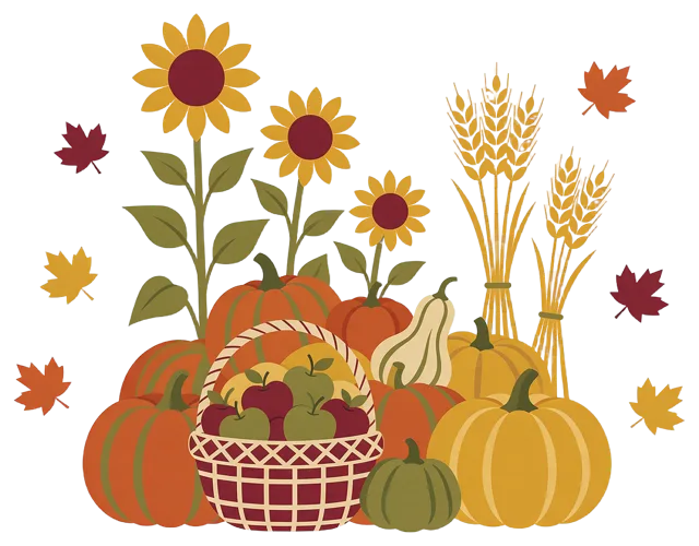 Flat mid-century style illustration of pumpkins, apples, sunflowers, wheat and maple leaves grouped together