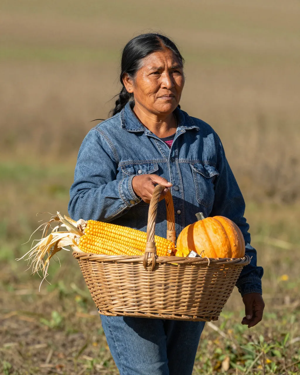 Indigenous woman carries a woven basket of corn and squash through a sunlit autumn field