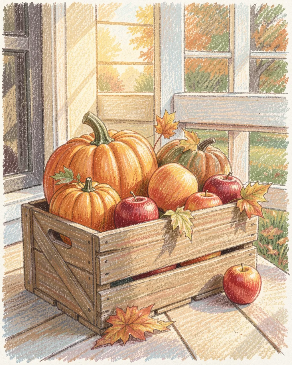 Pastel chalk drawing of pumpkins and apples in a wooden crate on a sunlit fall porch