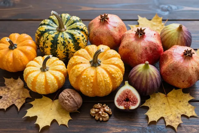 Arrangement of winter squash, pomegranates, figs, walnuts and golden maple leaves on dark wooden planks