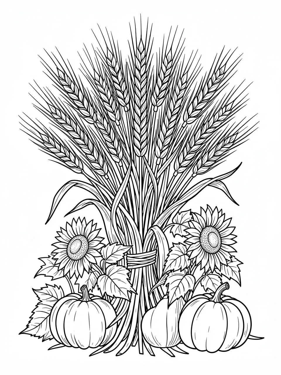 Black and white line art of a wheat sheaf with sunflowers and pumpkins at its base on a white background