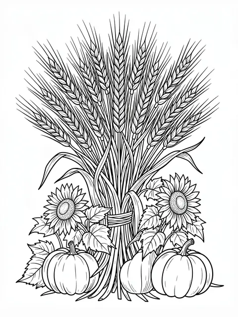 Black and white line art of a wheat sheaf with sunflowers and pumpkins at its base on a white background