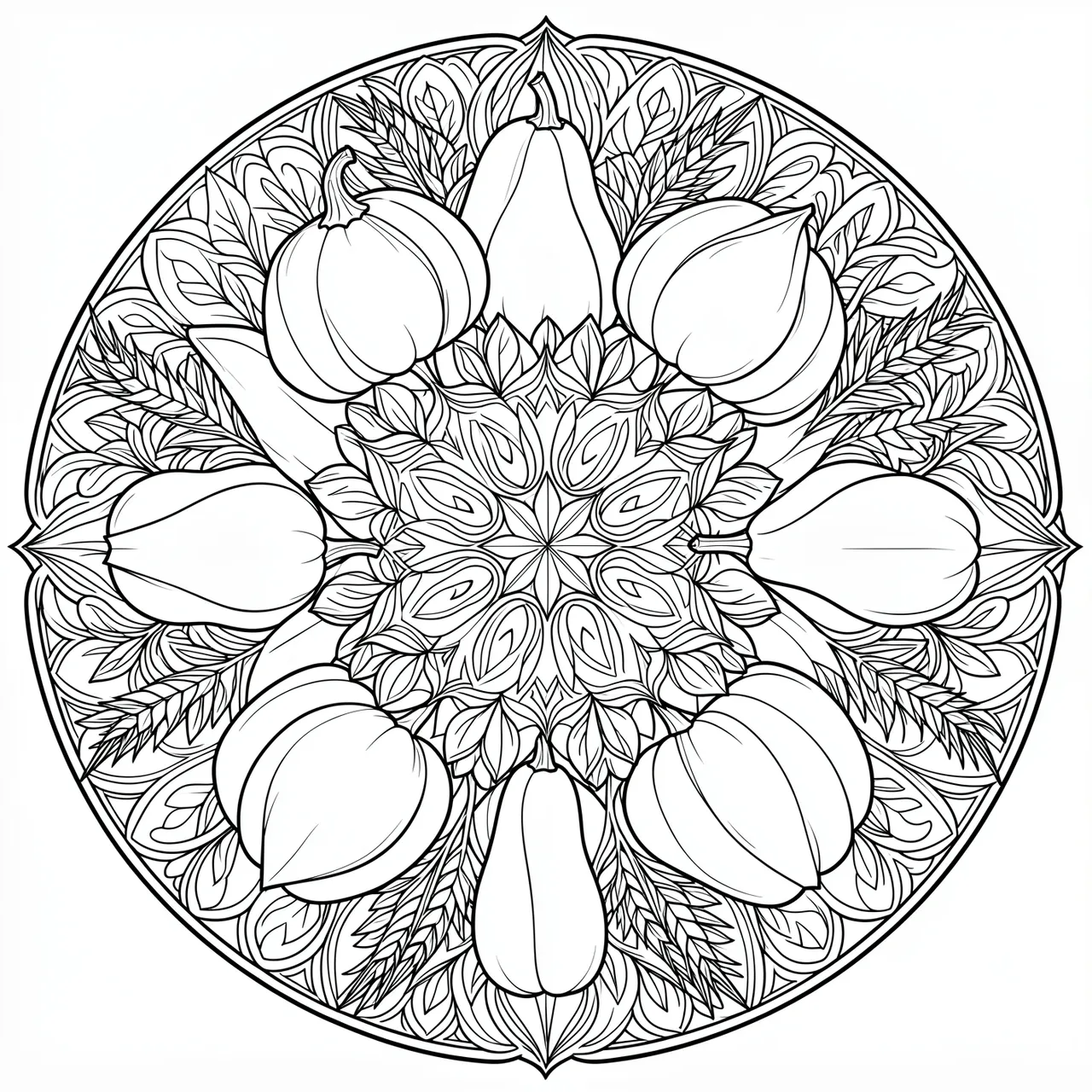 Intricate black and white line art harvest mandala with pumpkins, squash, and leafy details on a plain white background