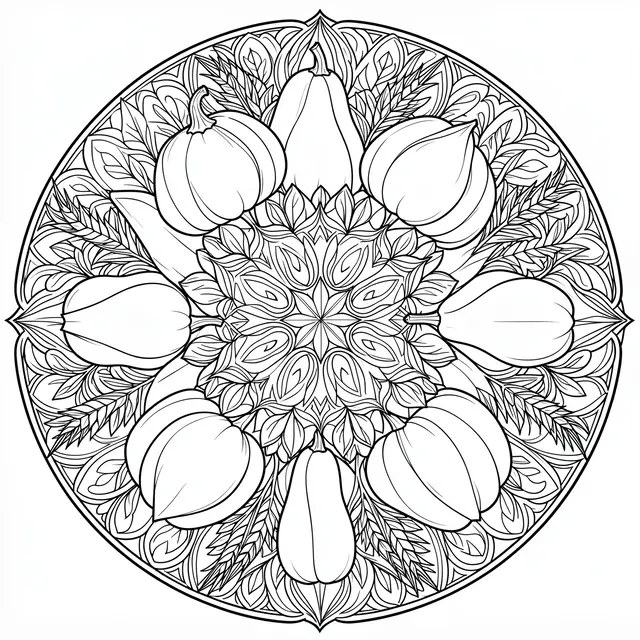 Intricate black and white line art harvest mandala with pumpkins, squash, and leafy details on a plain white background