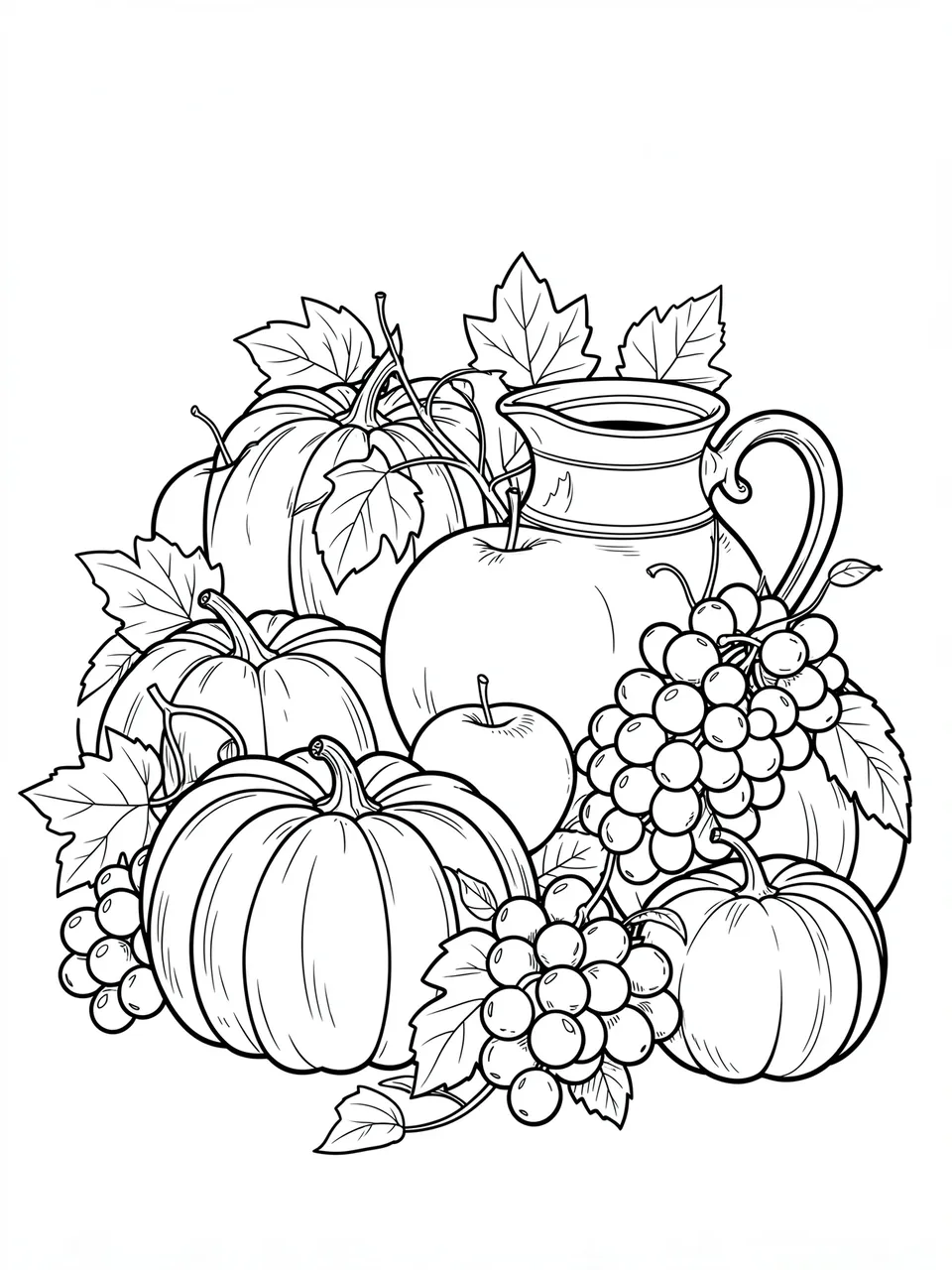 Black and white line art coloring page of a still life with pumpkins, apples, grapes and a pitcher on a white background