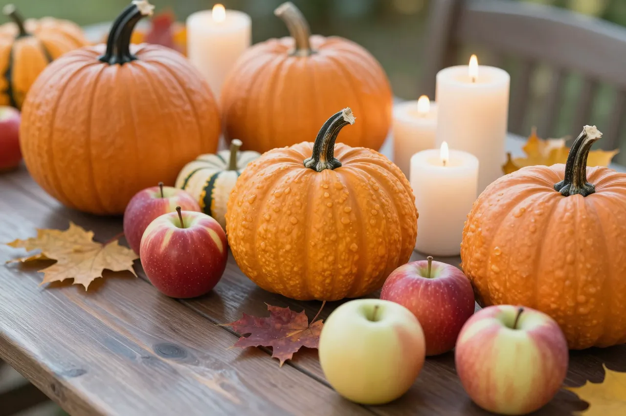 Lit candles, pumpkins, apples and fall leaves arranged on a rustic wooden outdoor table