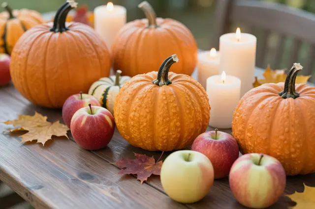 Lit candles, pumpkins, apples and fall leaves arranged on a rustic wooden outdoor table
