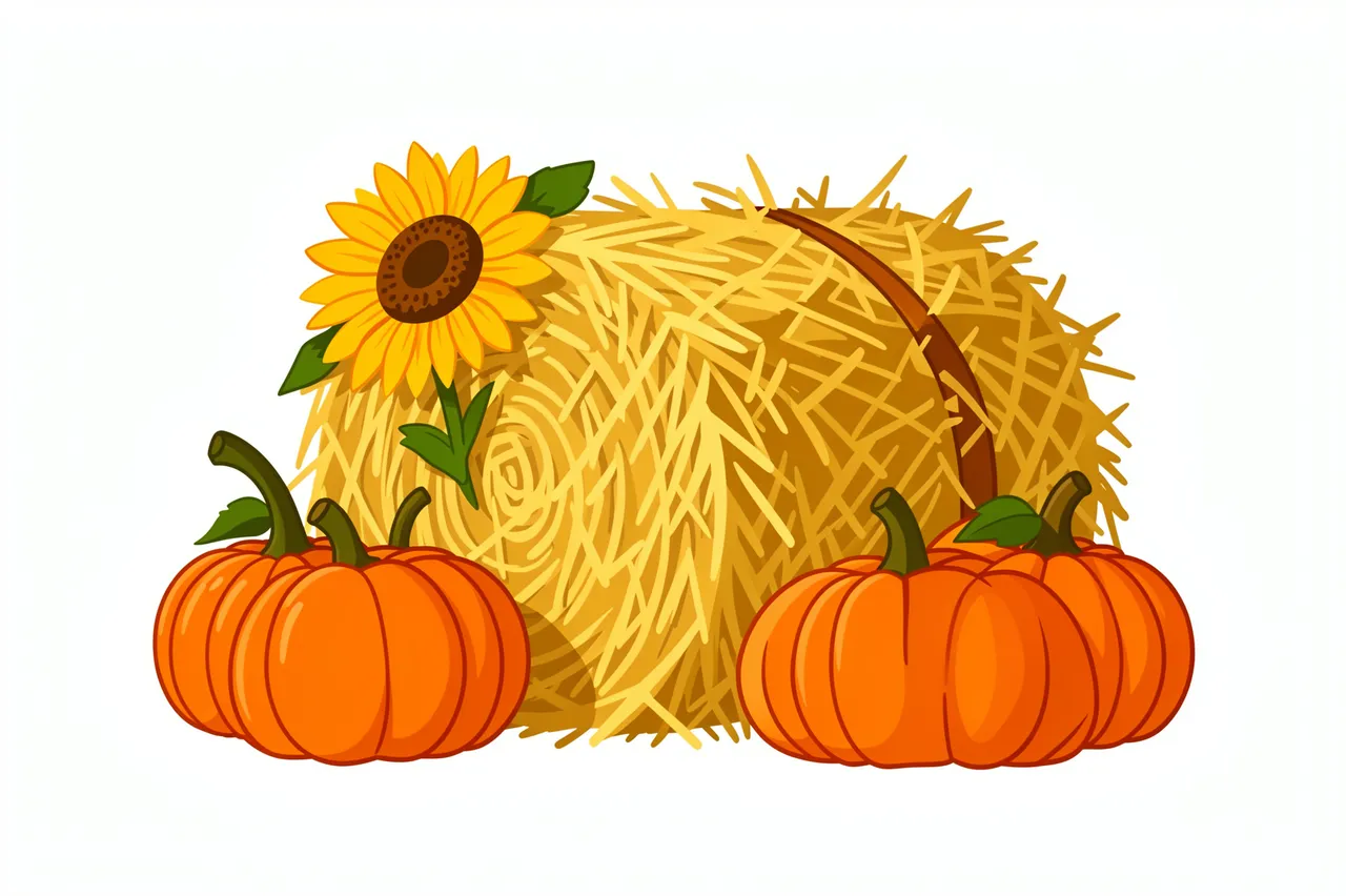 Flat illustration of a hay bale, orange pumpkins, and a sunflower isolated on a white background