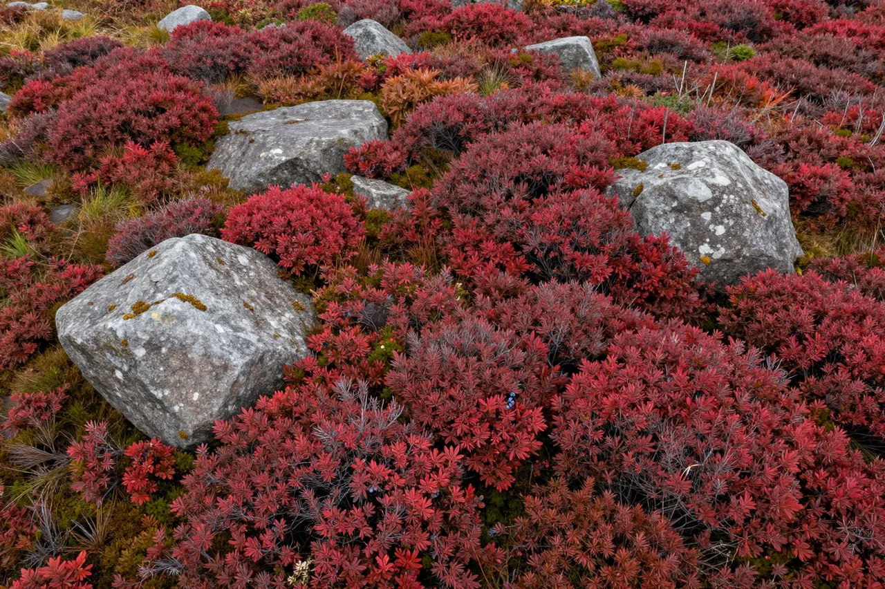 Aerial view of a heath covered in vivid red autumn blueberry bushes scattered with large gray boulders