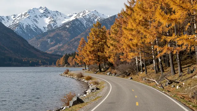 A paved curving lakeshore road winds past golden larch trees toward snow-capped peaks under pale overcast skies