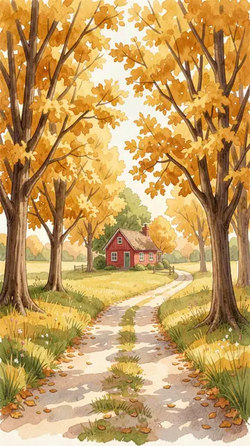 A gouache illustration shows a winding country lane lined with golden autumn trees leading to a small red cottage