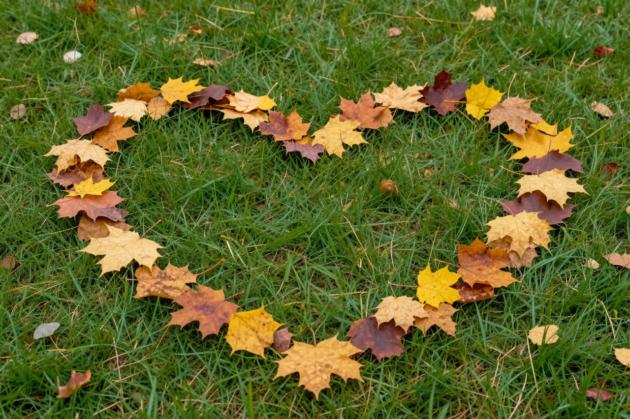 A heart shape arranged from colorful fallen maple leaves rests on green grass.