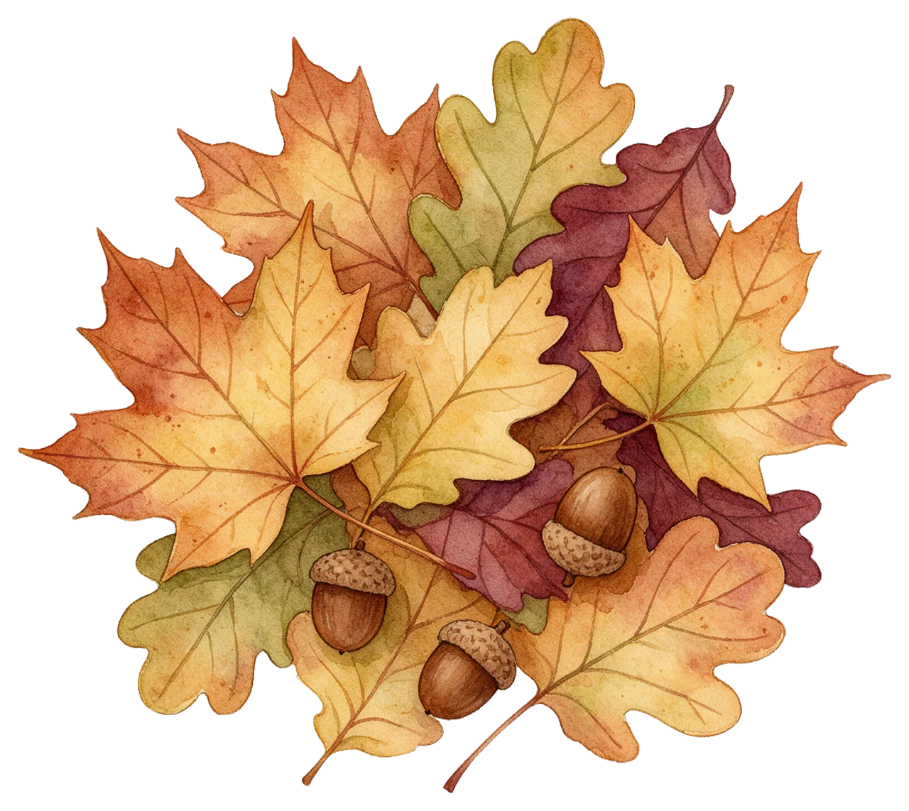 Soft watercolour cluster of maple and oak autumn leaves with three acorns arranged loosely together