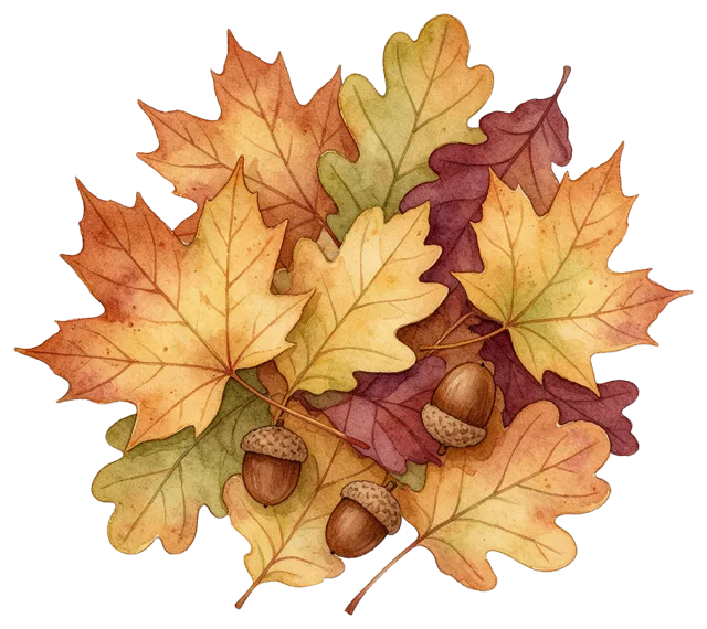 Soft watercolour cluster of maple and oak autumn leaves with three acorns arranged loosely together