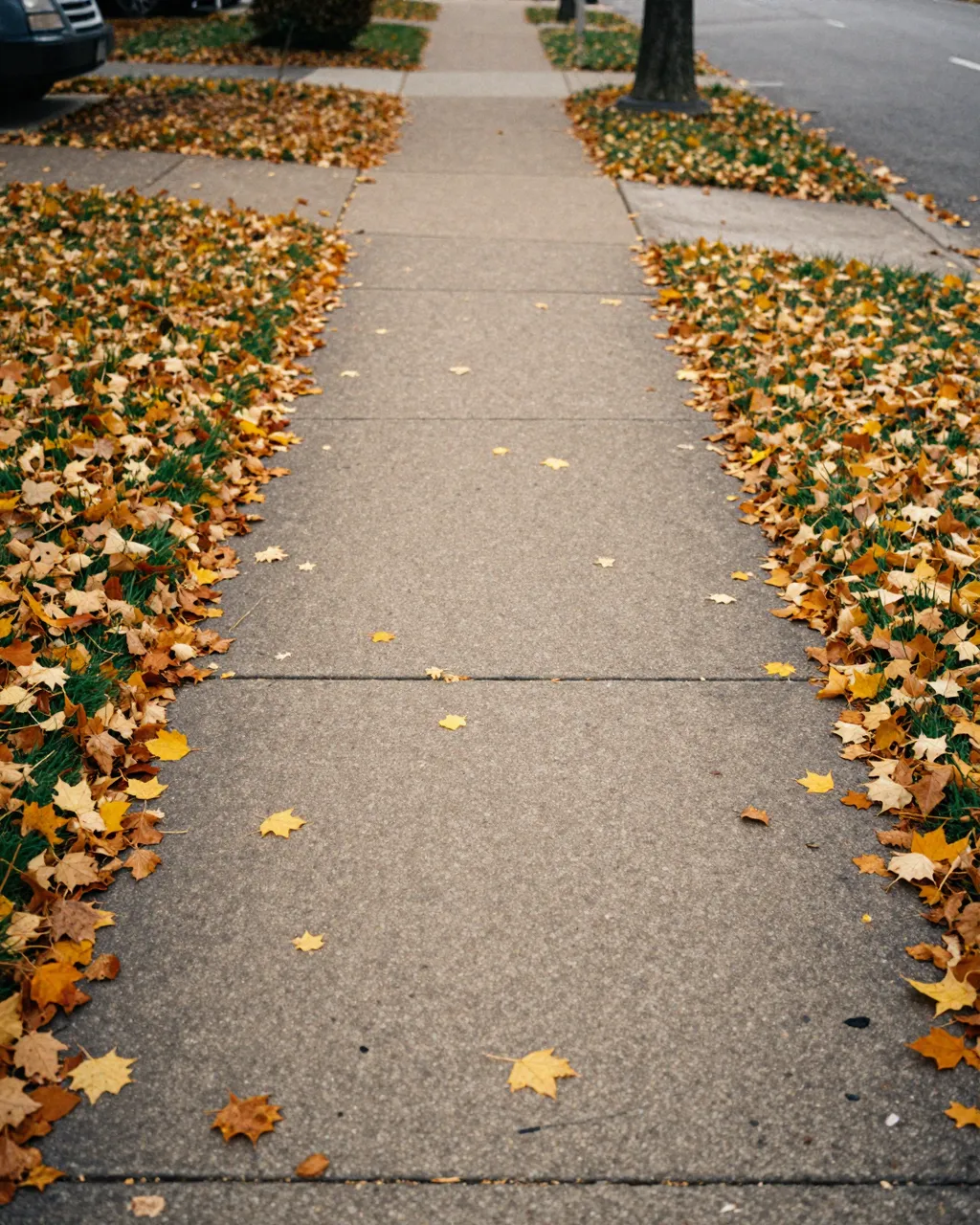 Concrete suburban sidewalk lined with scattered golden and brown autumn fall leaves