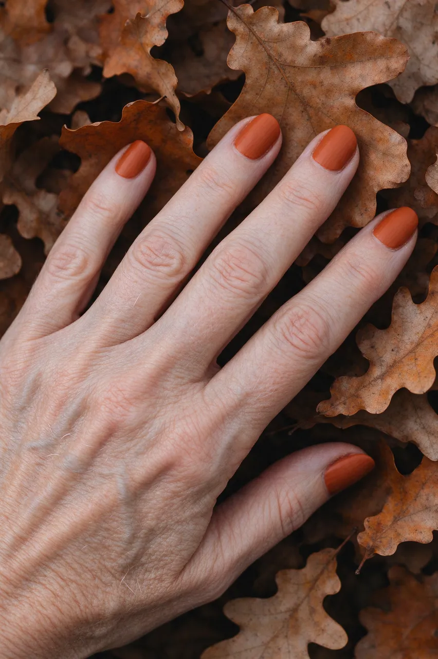 Close-up of a senior woman's hand with matte rust orange manicure resting on dried oak leaves.