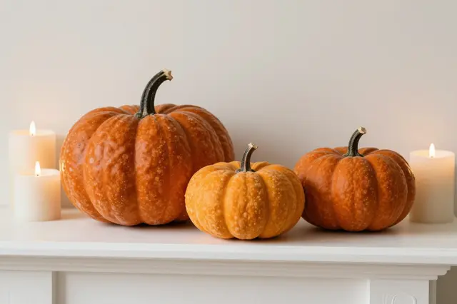 Three textured orange pumpkins sit with lit cream candles on a white fireplace mantel against a plain wall