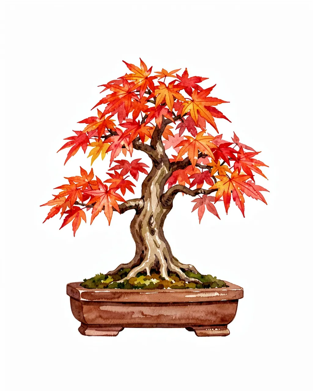 Watercolor illustration of a red autumn maple bonsai tree in a rectangular ceramic pot against a plain white background