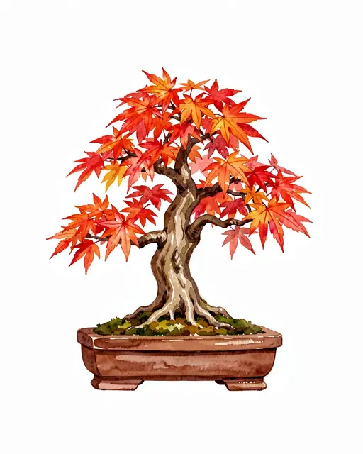 Watercolor illustration of a red autumn maple bonsai tree in a rectangular ceramic pot against a plain white background