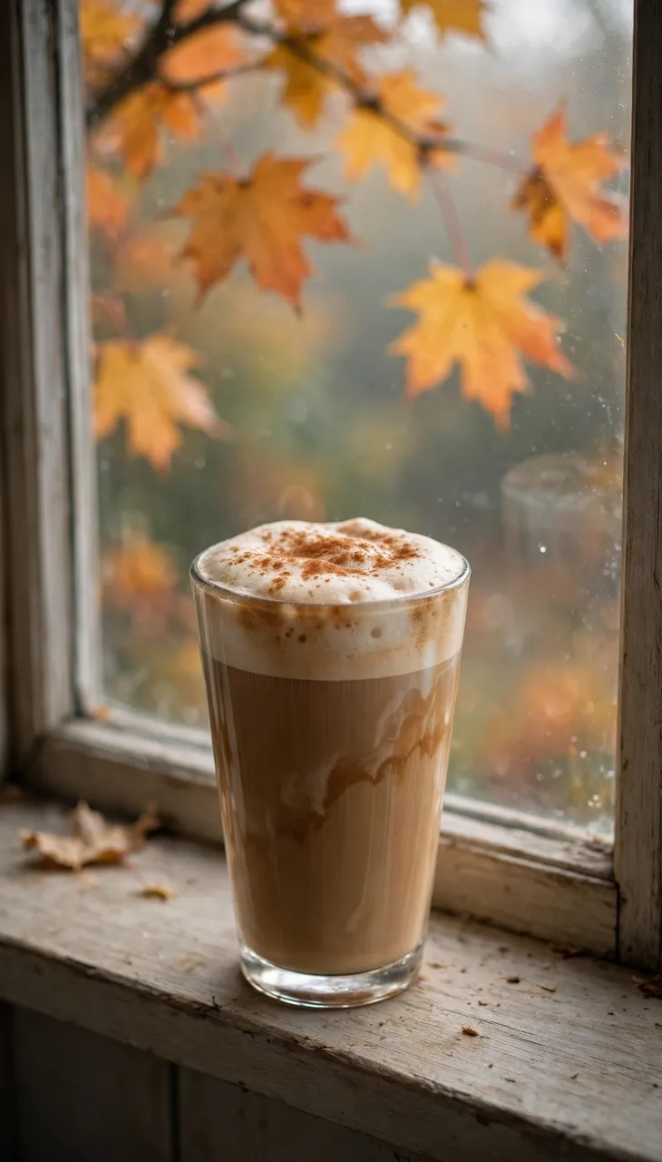 Tall glass of foamy spiced latte rests on a weathered wooden windowsill with autumn maple leaves visible outside the foggy