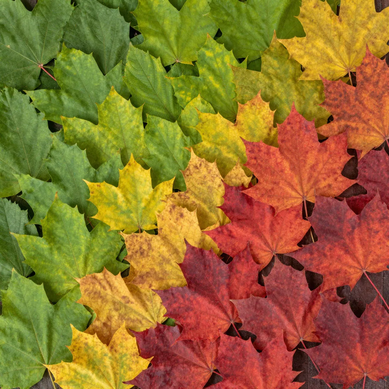Top view of maple leaves arranged in a smooth color gradient from green through yellow to deep red