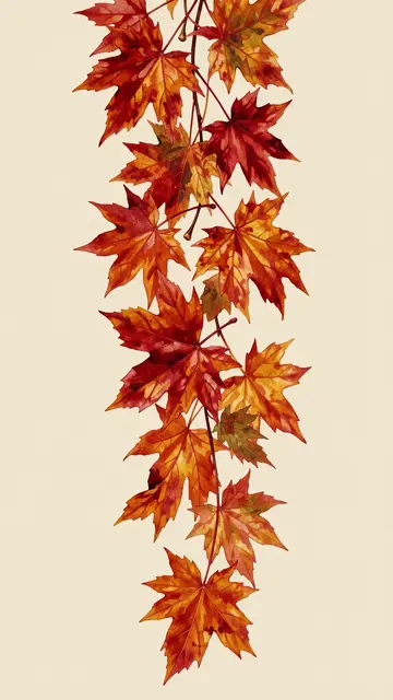 Watercolor scarlet and amber maple leaves arranged vertically against a pale beige background