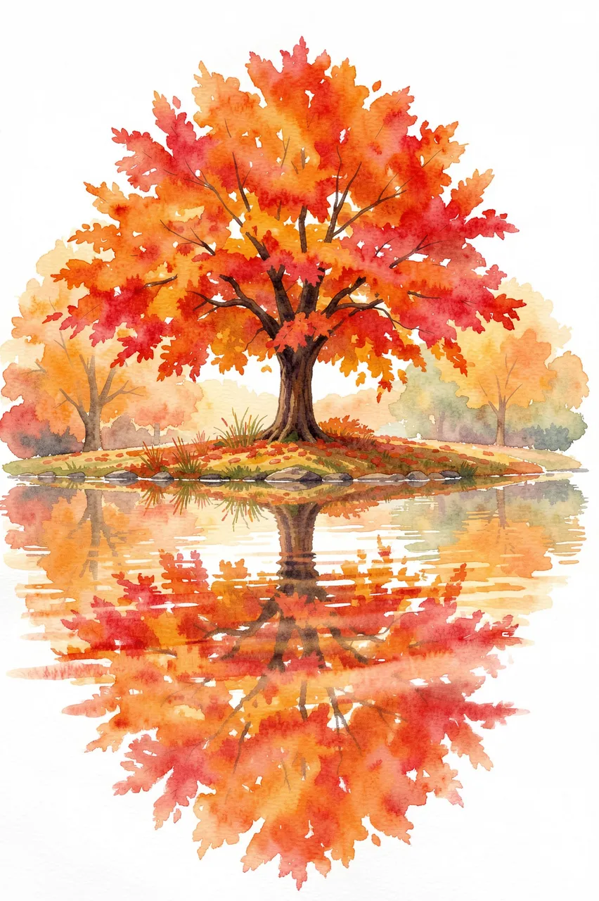 Watercolor painting of a vibrant autumn maple tree reflected in a calm still pond
