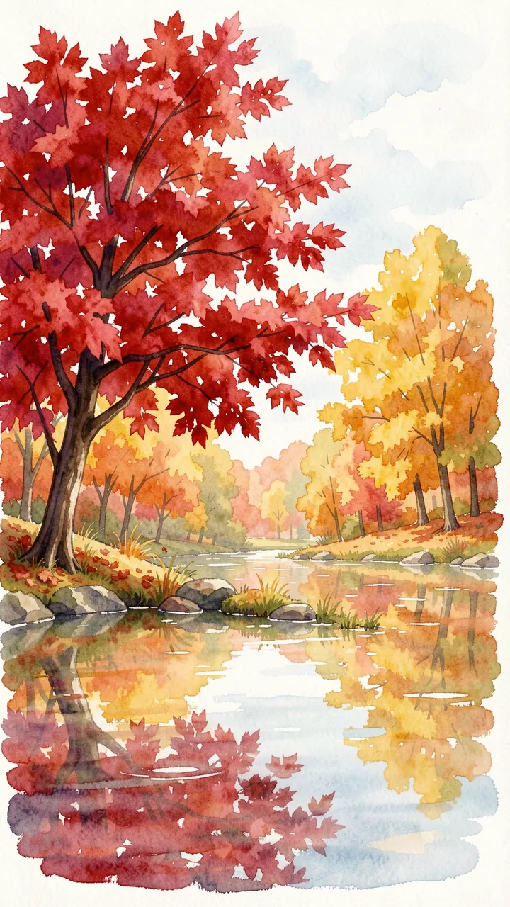 A vertical watercolor illustration of a vivid red maple beside a calm reflective autumn pond.