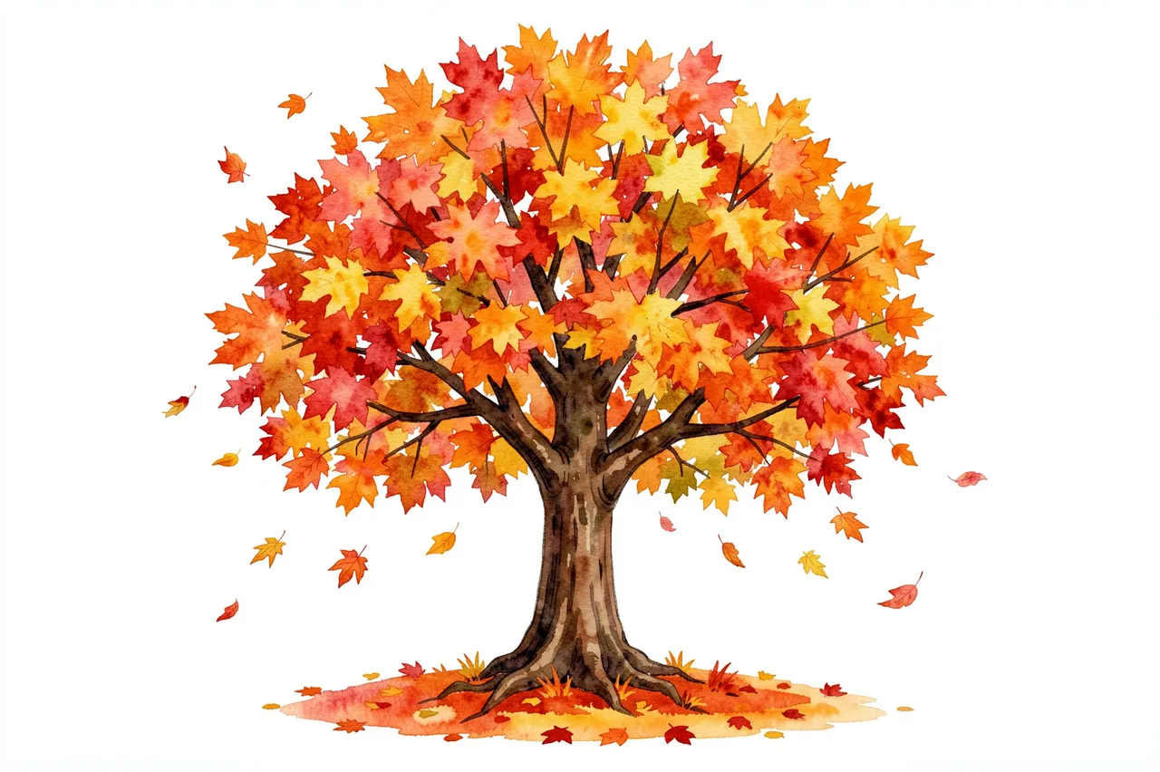 Watercolor illustration of a maple tree with bright autumn leaves drifting gently down against a white background
