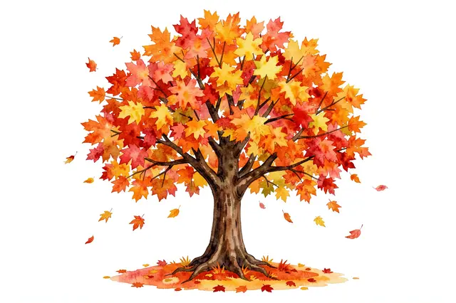 Watercolor illustration of a maple tree with bright autumn leaves drifting gently down against a white background