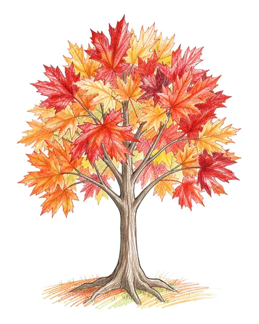 Colored pencil sketch of a maple tree with vibrant red and orange autumn leaves on white paper