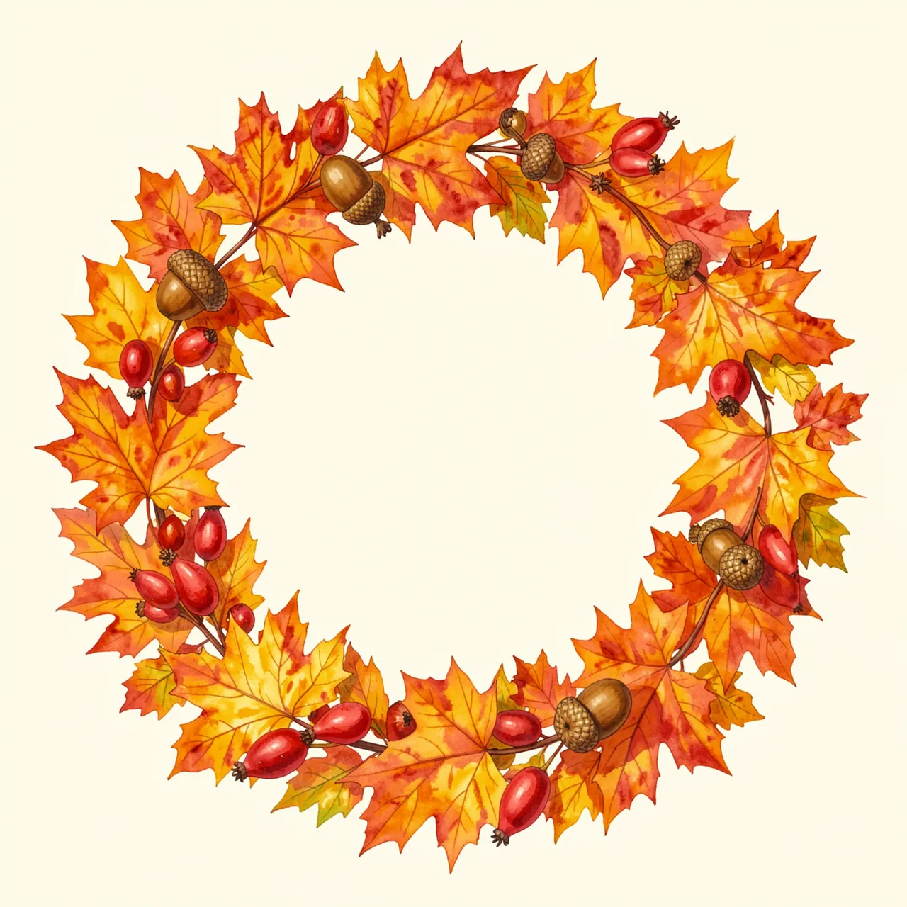 A warm watercolor autumn wreath of sugar maple leaves, rose hips and acorns arranged in a circle with an empty center on a